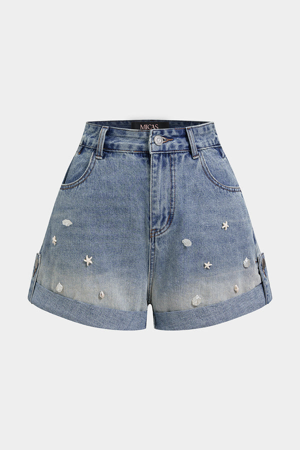 Denim short met hoge taille en wijde pijpen