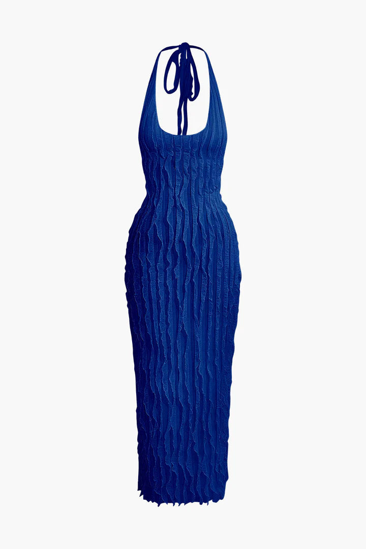 Maxi dress with sheer ruffles, halter neck and open back