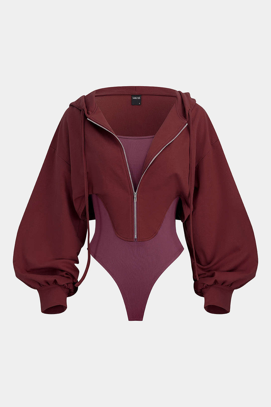 Body met capuchon, rits en lange mouwen