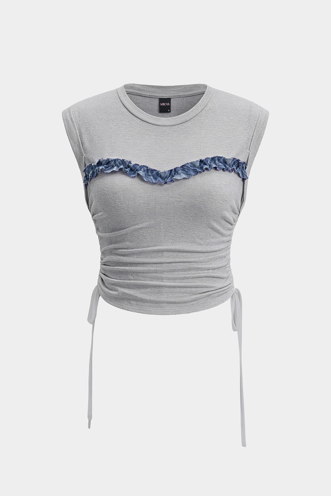 Patchwork T-shirt met ronde hals, strik en korte mouwen