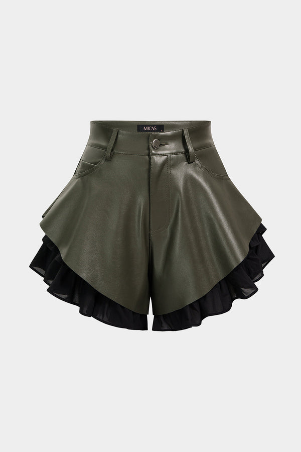 Leren-look patchwork short met hoge taille en volants