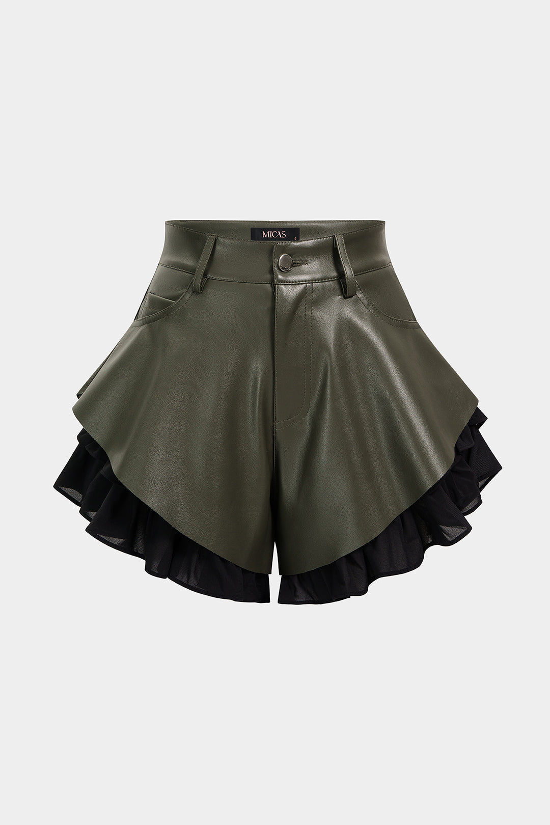 Leren-look patchwork short met hoge taille en volants