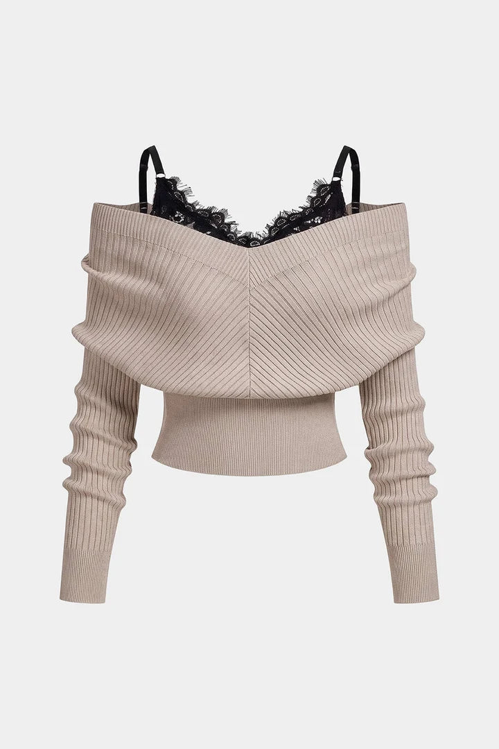Knit Patchwork Lace Trim Long-Sleeve Top