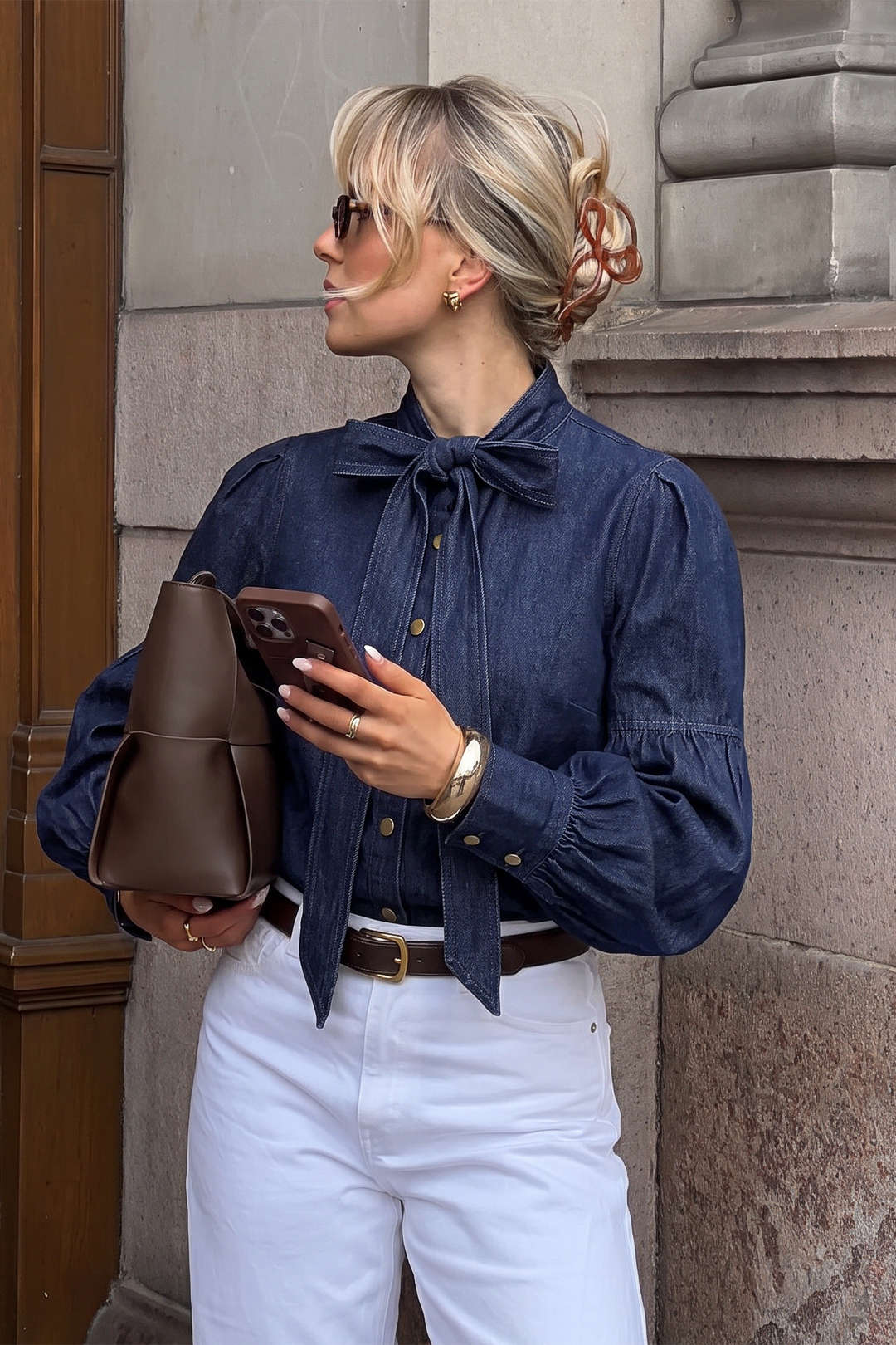 Denim blouse met strik, lange mouwen en pofmouwen