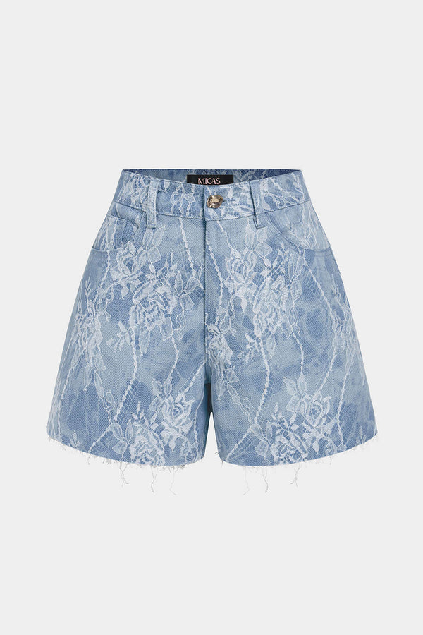 Denim patchwork short met kant, knoopjes en zakken