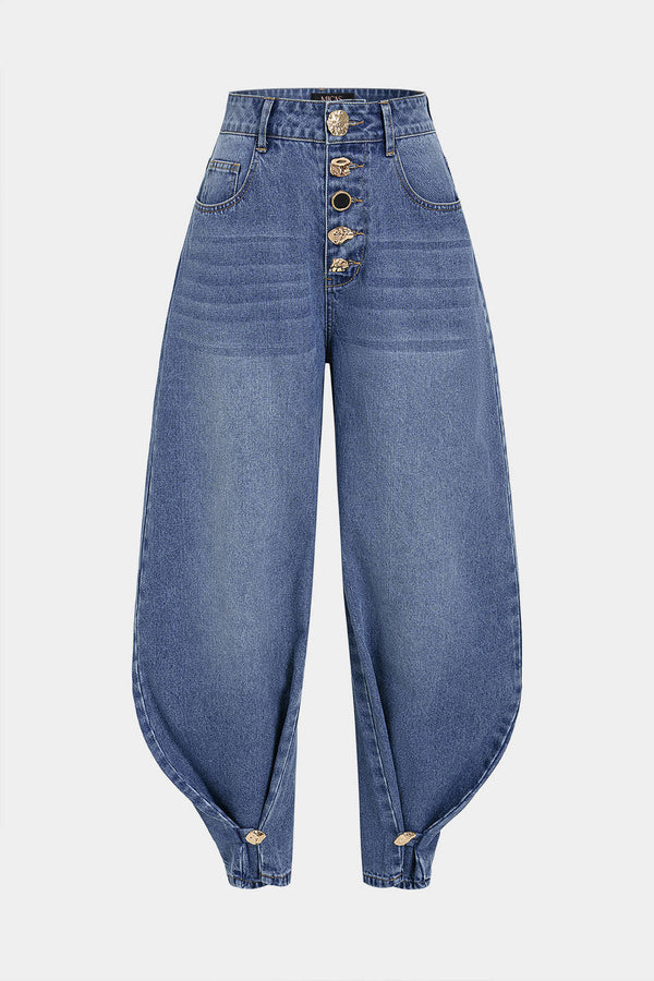 Metallic jeans met knoopjes, zakken en ballonmodel