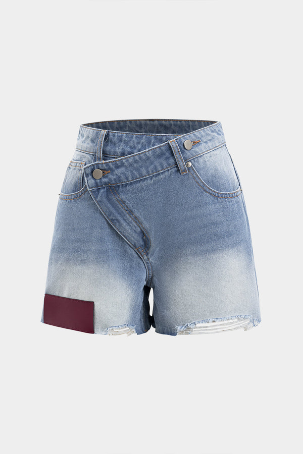 Denim asymmetrische short met knoopjes en zakken