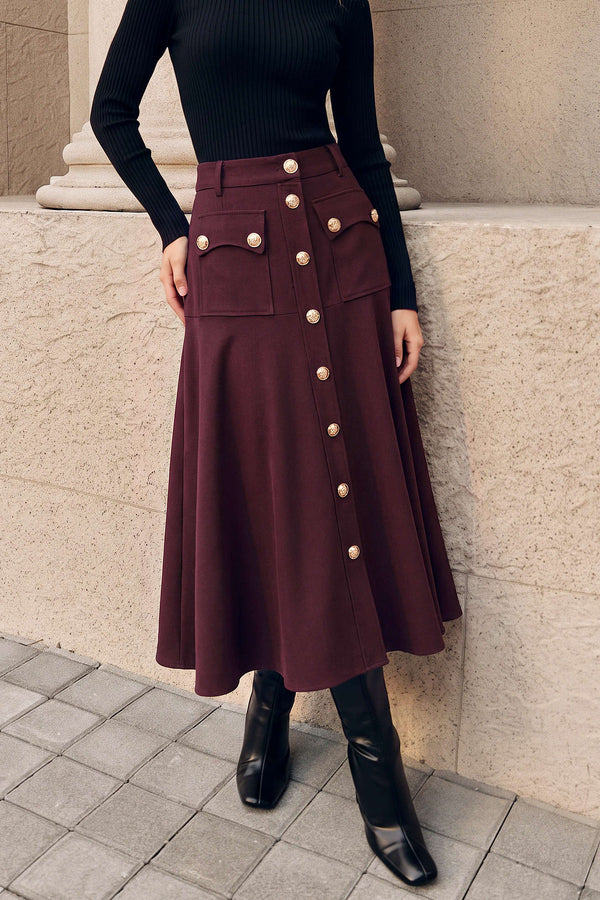 Metallic midirok met knoopjes en hoge taille