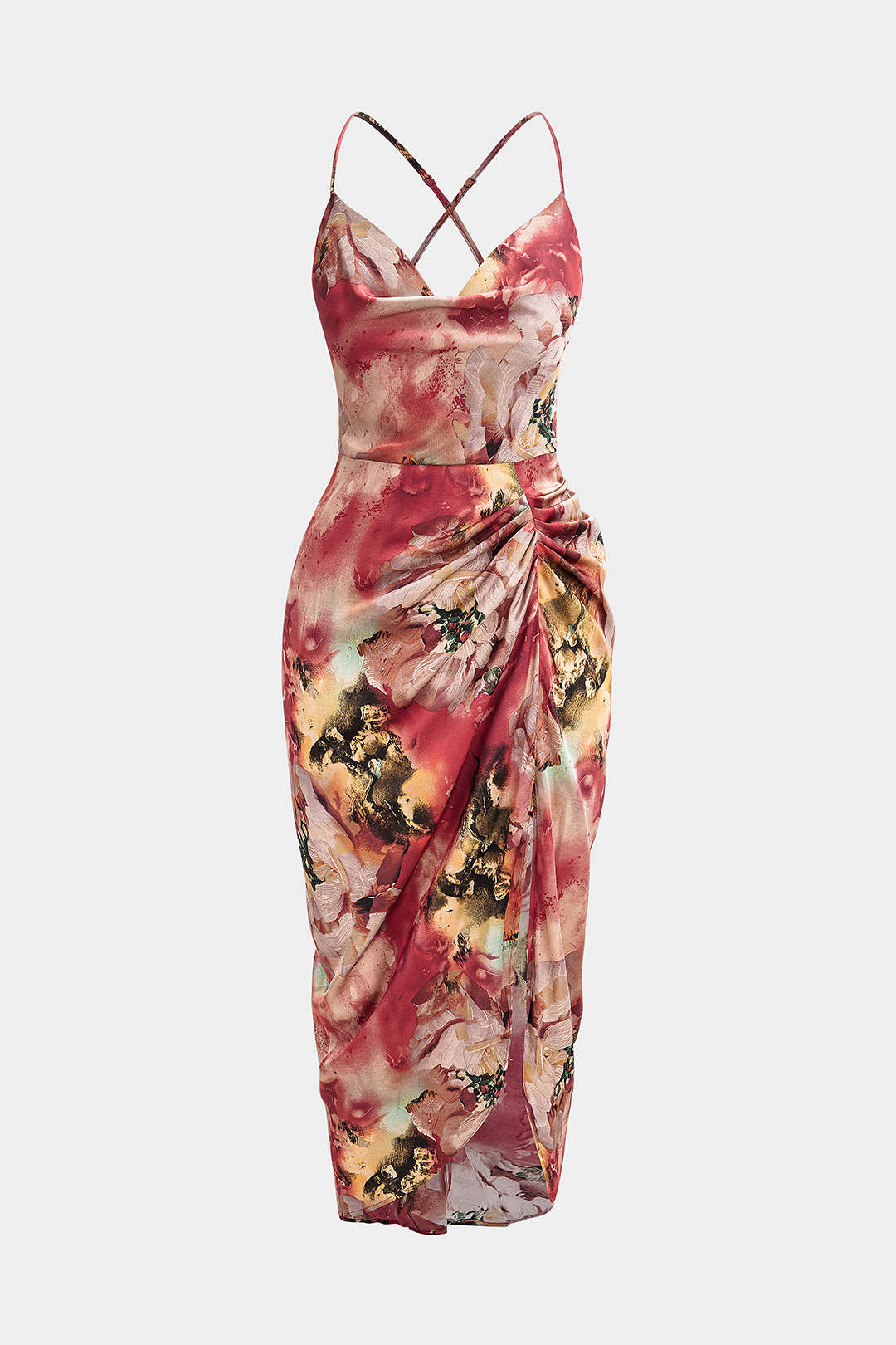 Elise - Bloemenprint satijnen midijurk met drapering en watervalhals