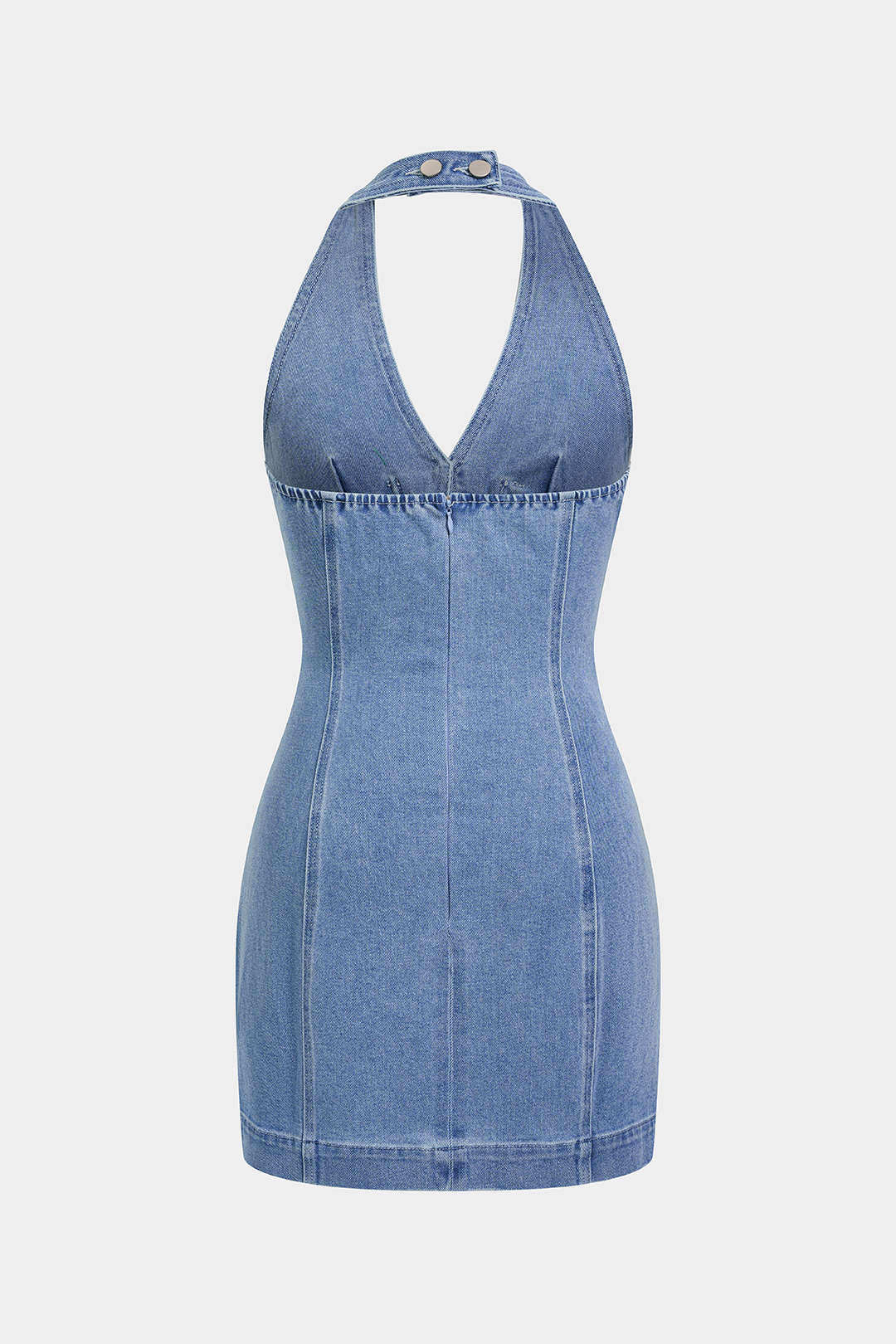 Denim mouwloze jurk met halternek, V-hals en uitsnijding