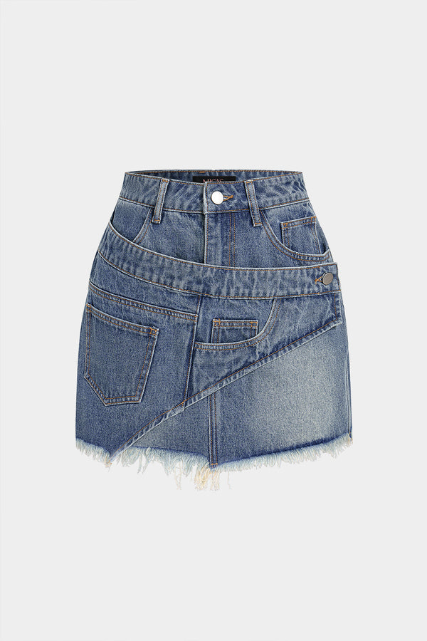 Denim asymmetrische rok met rafelrand