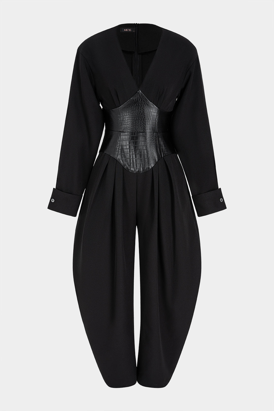 Jumpsuit met V-hals, imitatieleer en ballonpijpen
