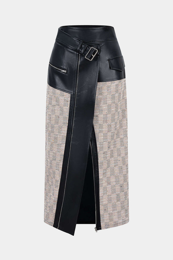 Leren-look patchwork rok met rits en split
