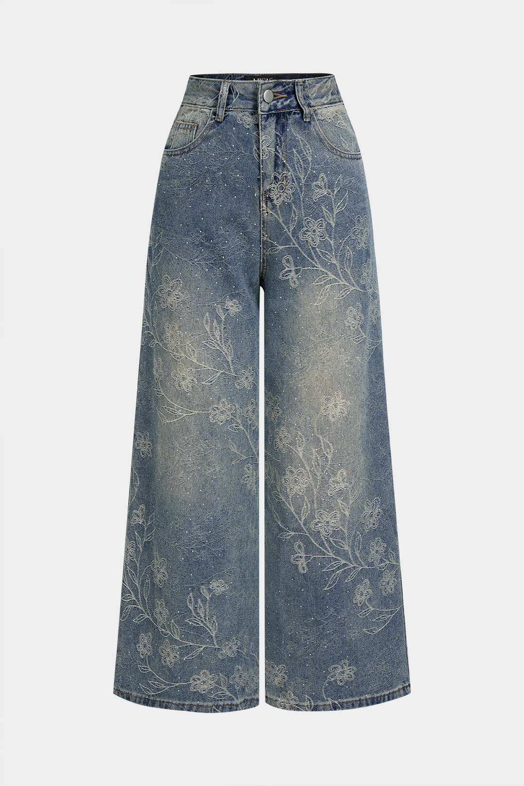 Bloemenprint jeans met strass en rechte pijp