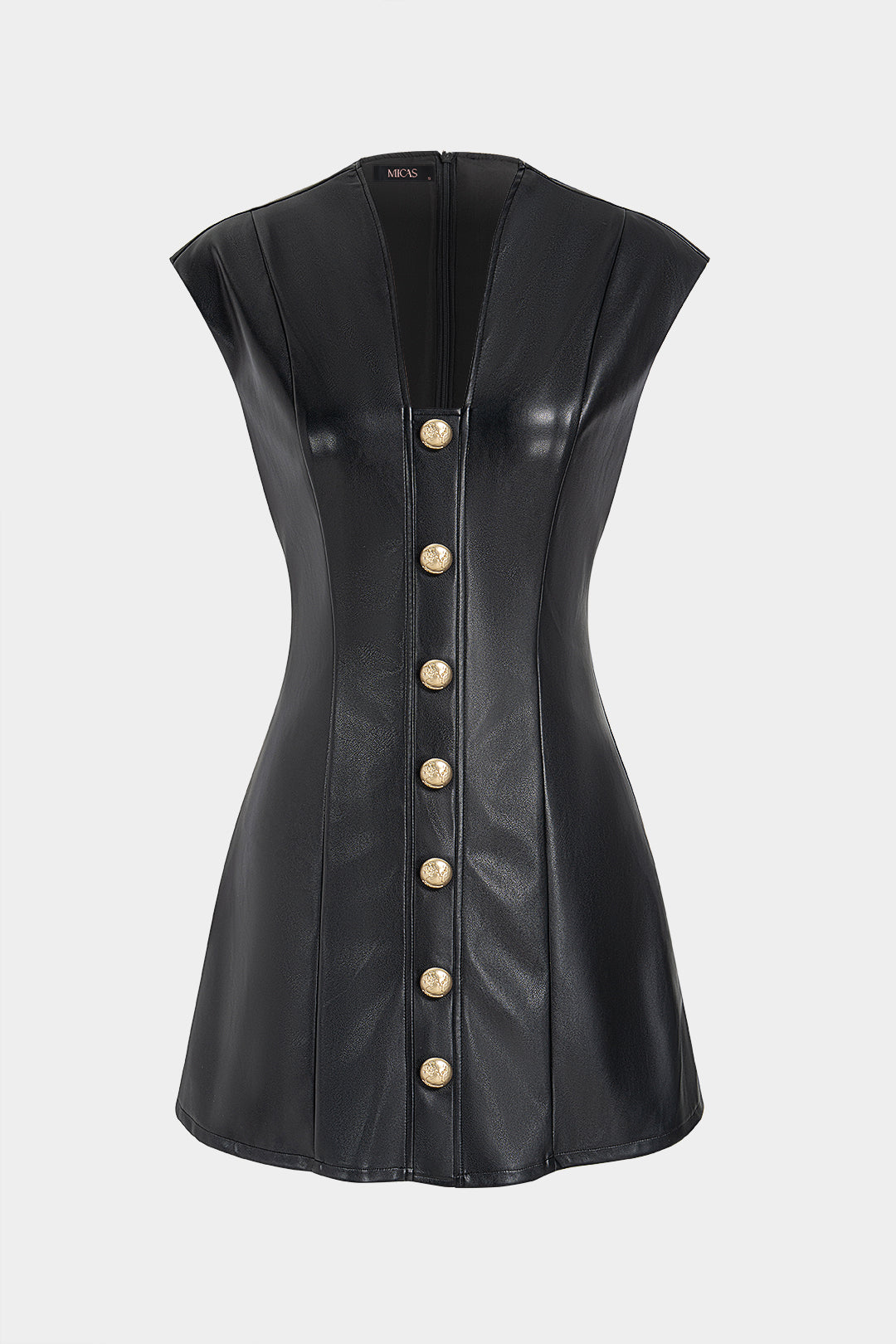 Leren-look metallic minijurk met knoopjes