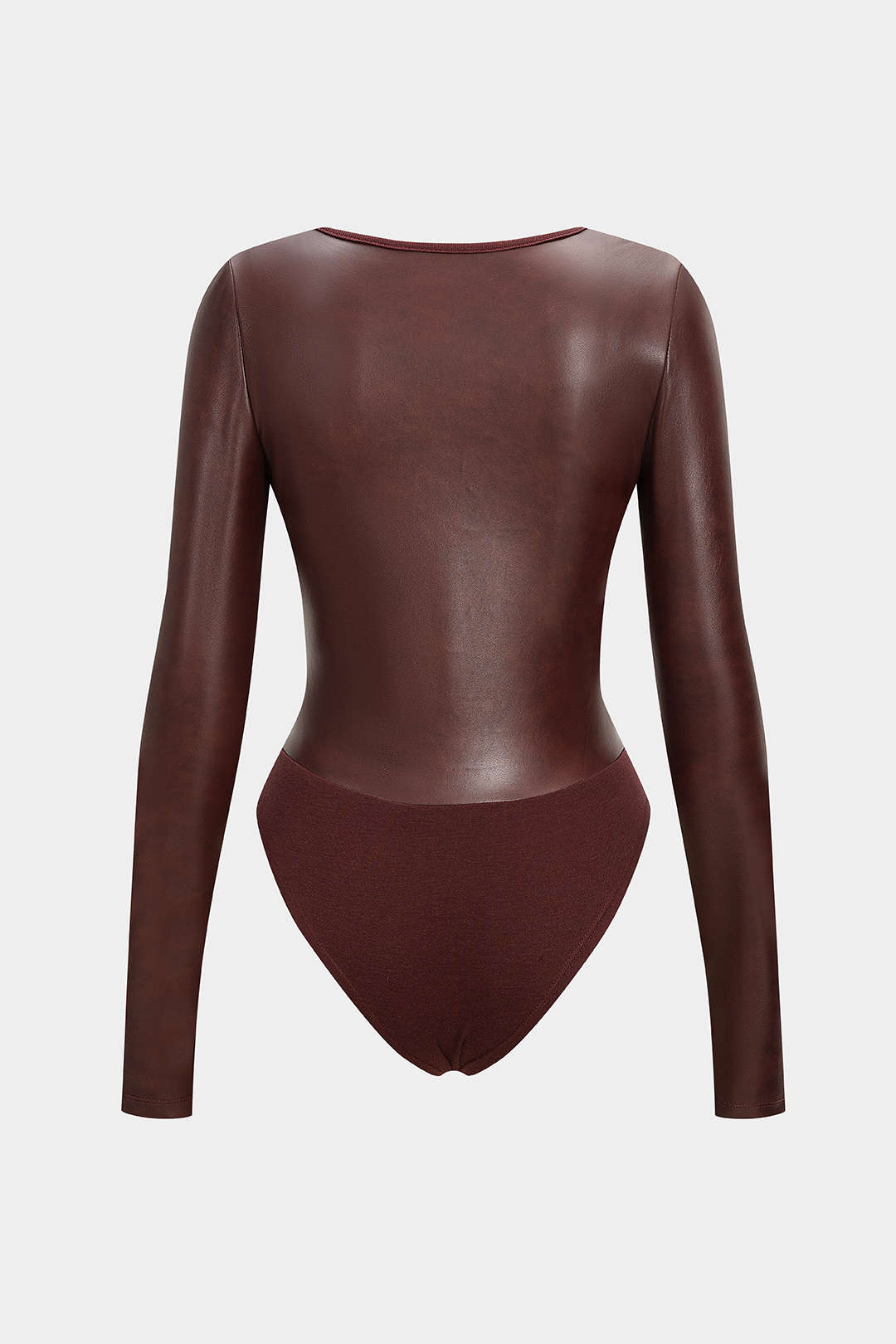 Jolie - Leren-look patchwork body met ronde hals en lange mouwen