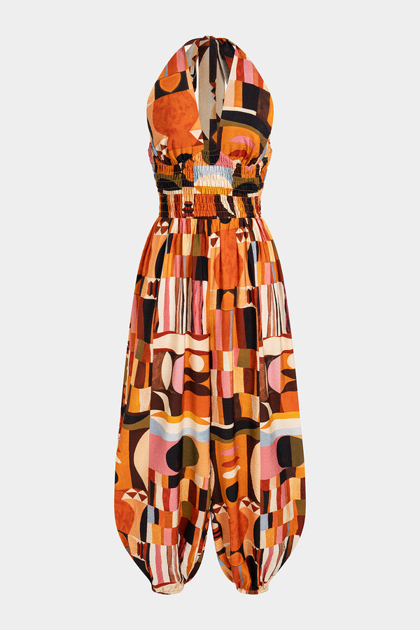Colorblock jumpsuit met halternek, V-hals en strik