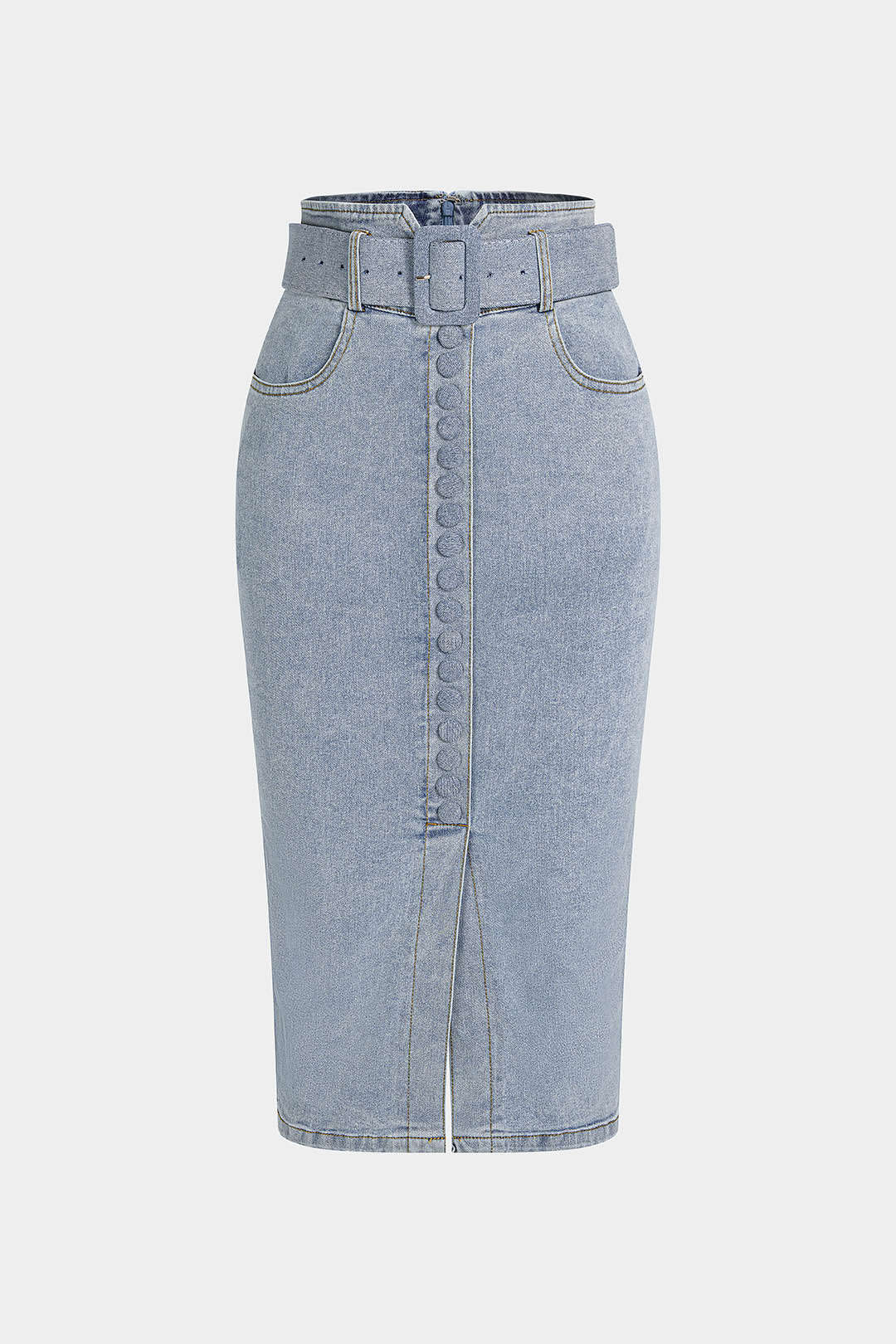 Denim rok met riem, knoopjes en hoge taille