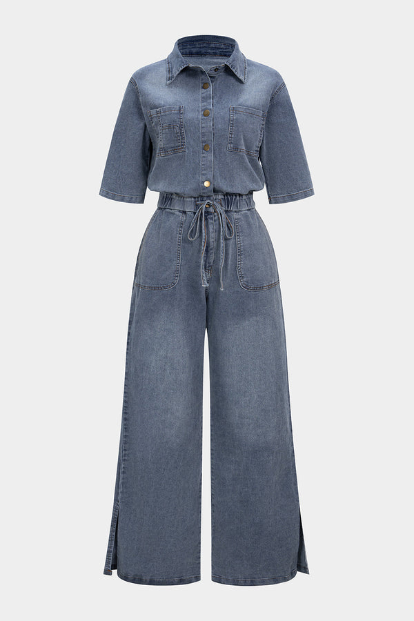 Denim jumpsuit met knoopjes, trekkoord en zakken