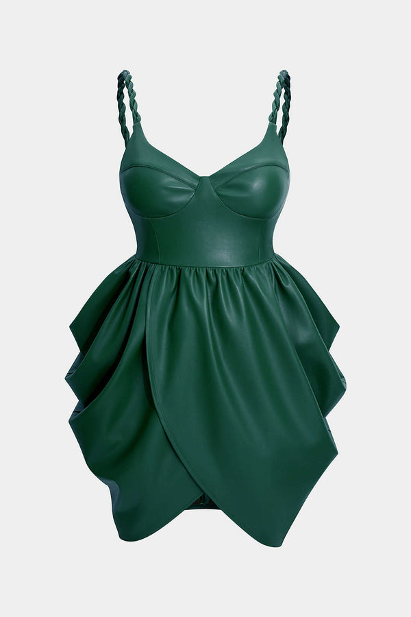 Leren-look mouwloze minijurk met rits en ruches