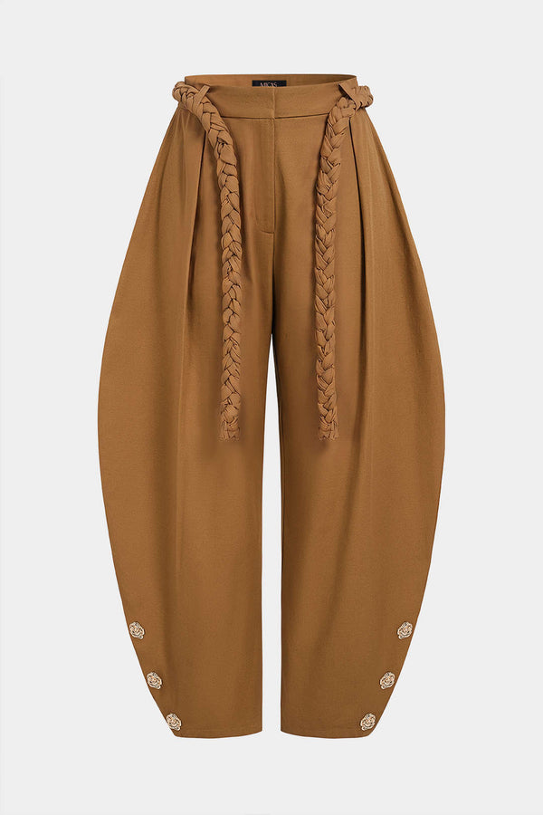 Bloemenprint metallic broek met riem en ballonmodel