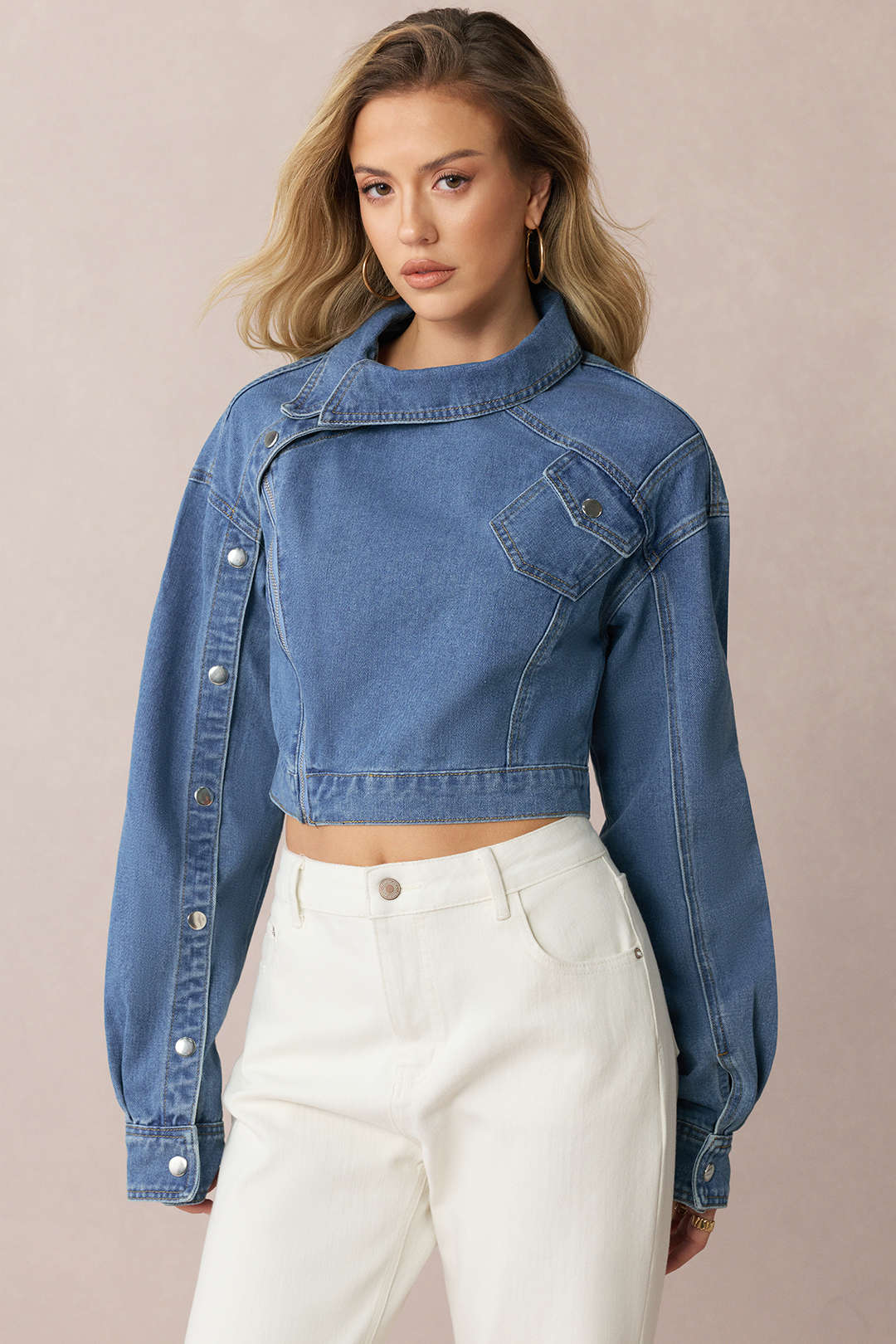 Denim asymmetrisch jasje met rits en lange mouwen