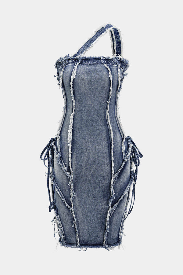Asymmetrische denim minijurk met rafelrand