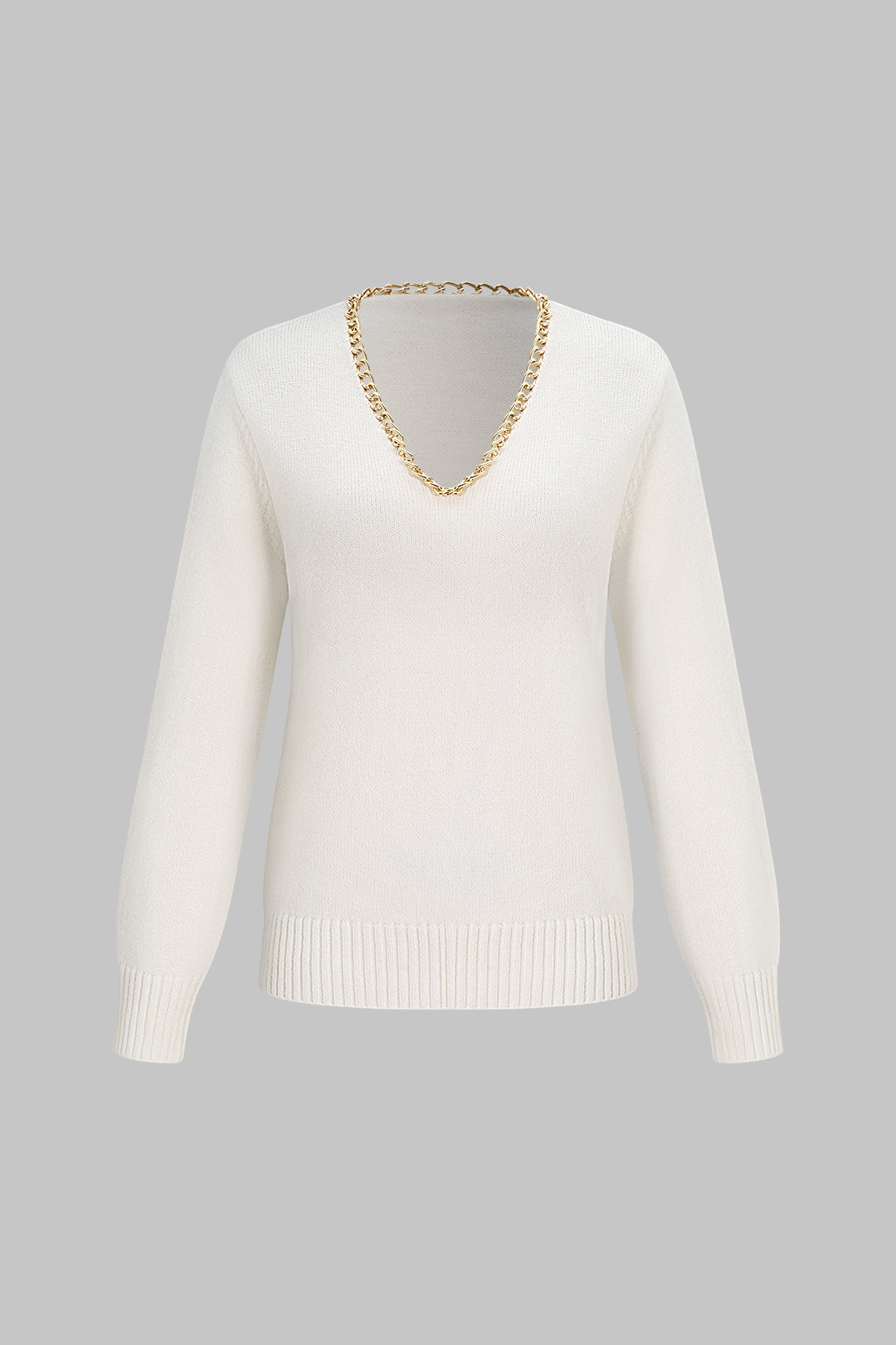 Gebreide top met V-hals, kettingdetail en lange mouwen