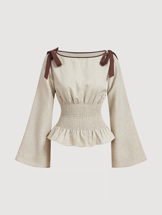 Khaki Blouse with Bow and Wide Sleeves