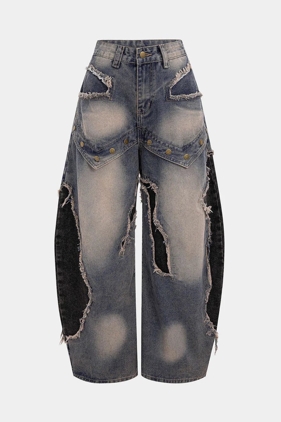 Patchwork Denim Jeans with Frayed Details and Straight Legs