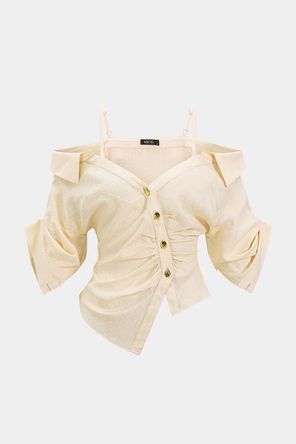 Linnen metallic blouse met knoopjes, ruches en korte mouwen