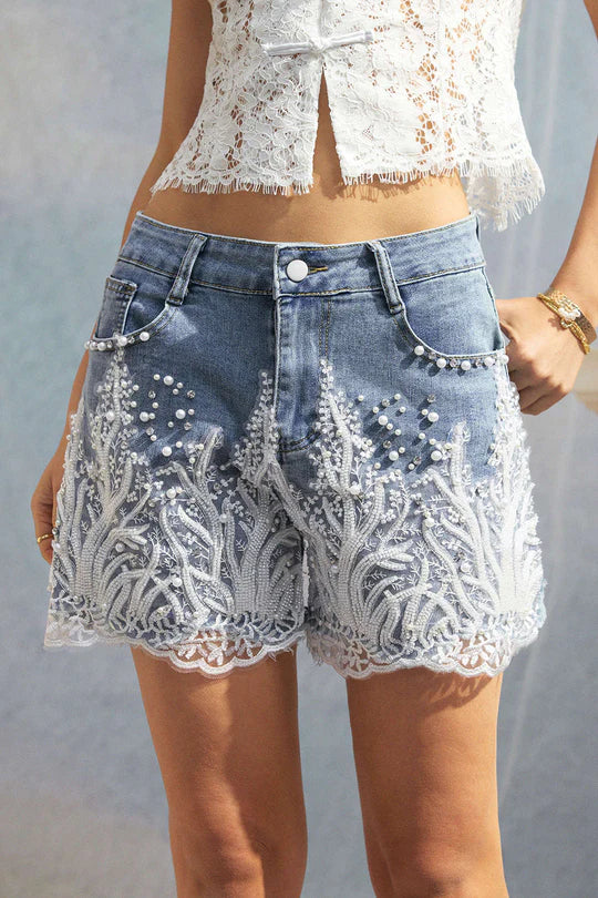 Denim Patchwork Shorts with Lace Details