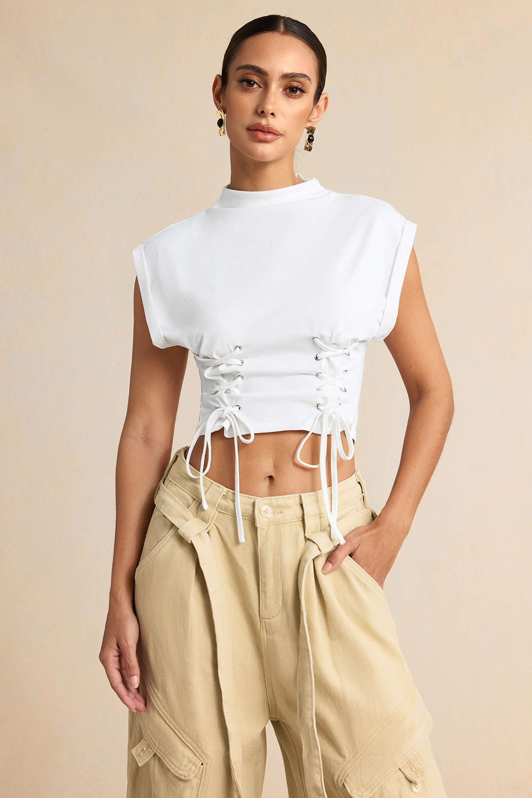 Effen T-shirt met strik en korte mouwen