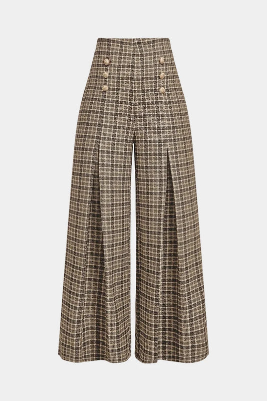 Checked, double-sided high-waisted trousers
