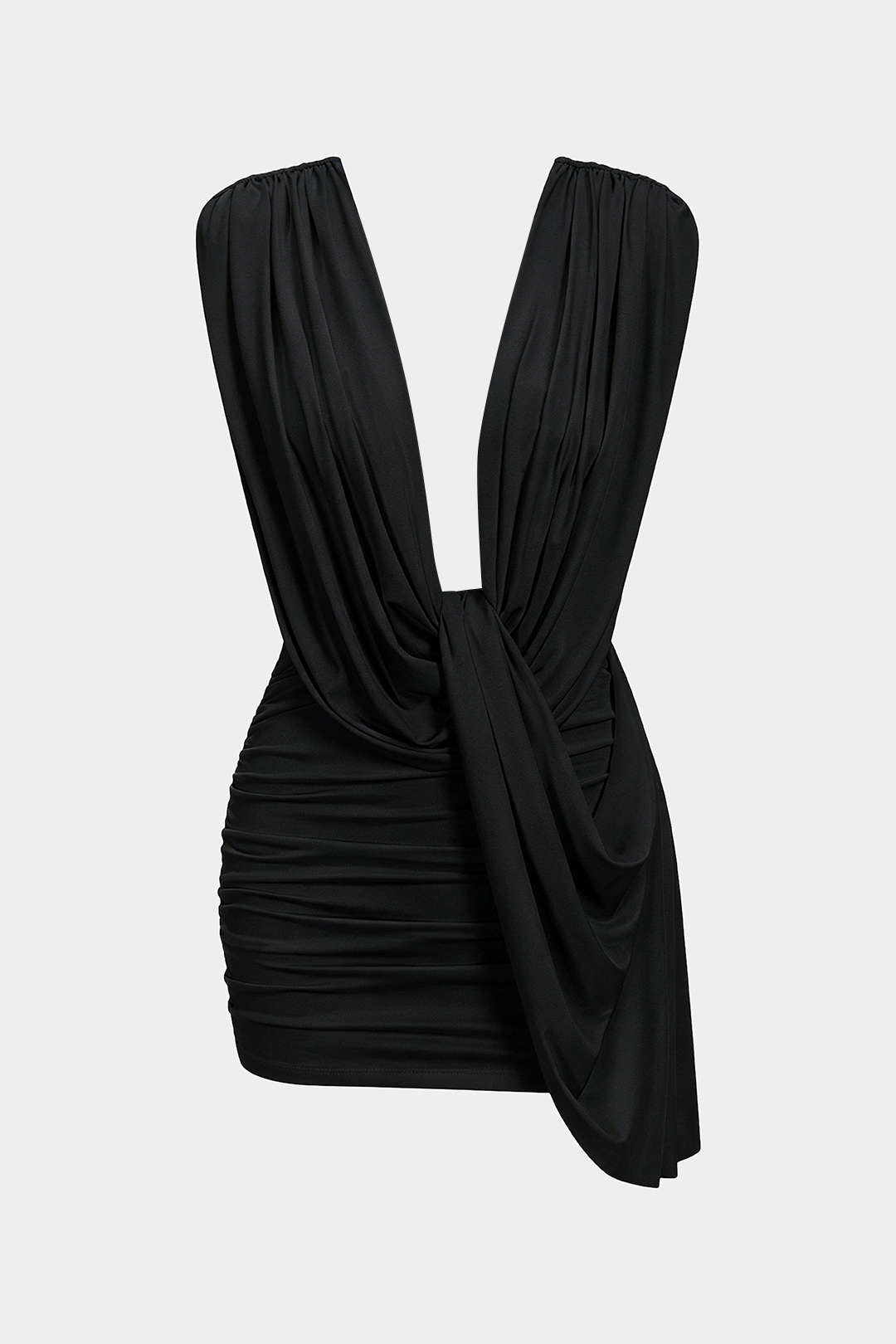 Asymmetrische mouwloze minijurk met ruches en drapering