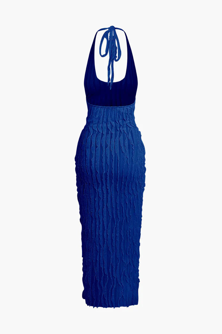 Maxi dress with sheer ruffles, halter neck and open back