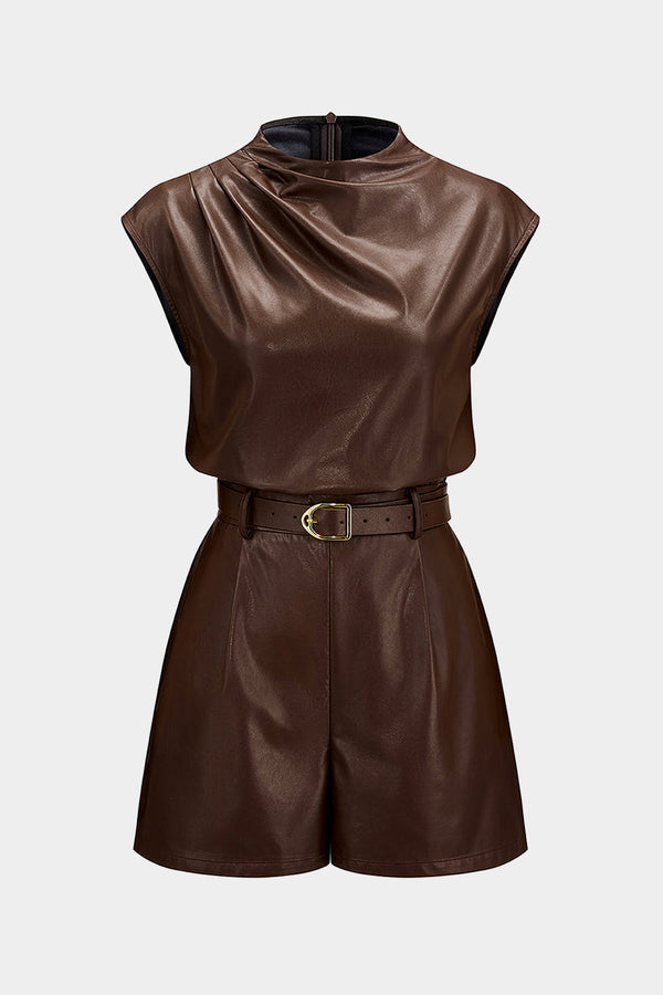 Leren-look mouwloze playsuit met ruches en riem
