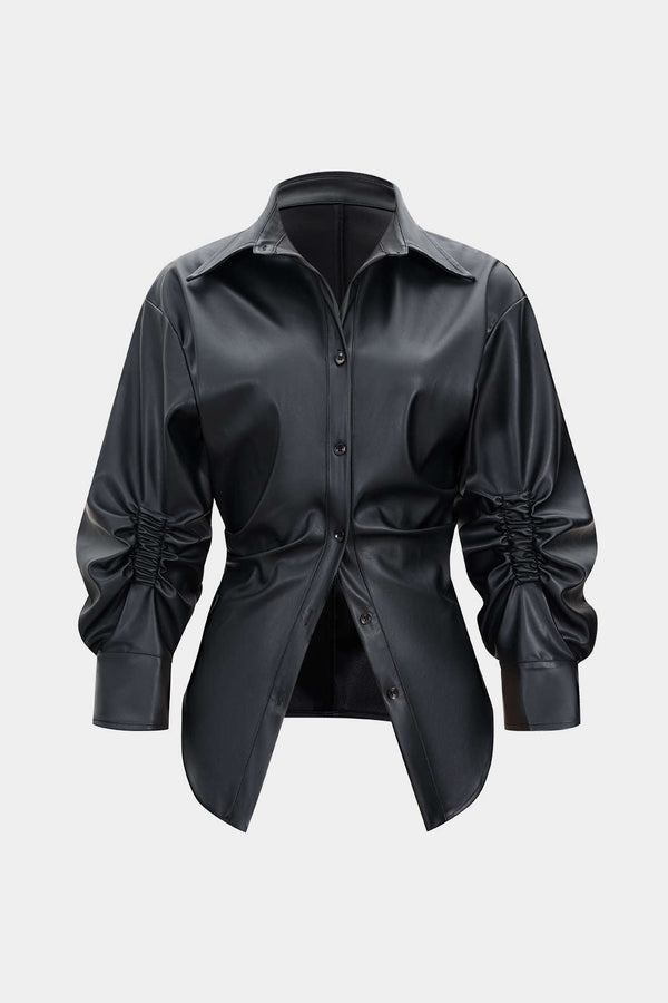 Leren-look asymmetrische blouse met ruches en knoopjes