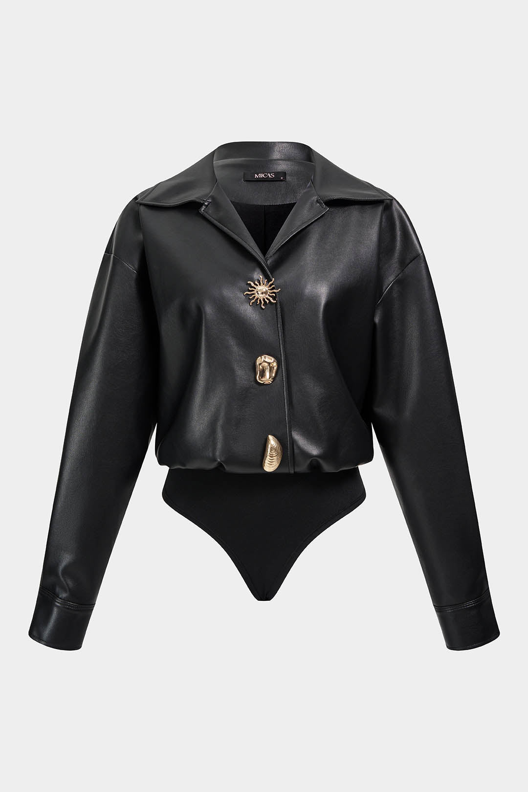 Leren-look metallic body met knoopjes en lange mouwen