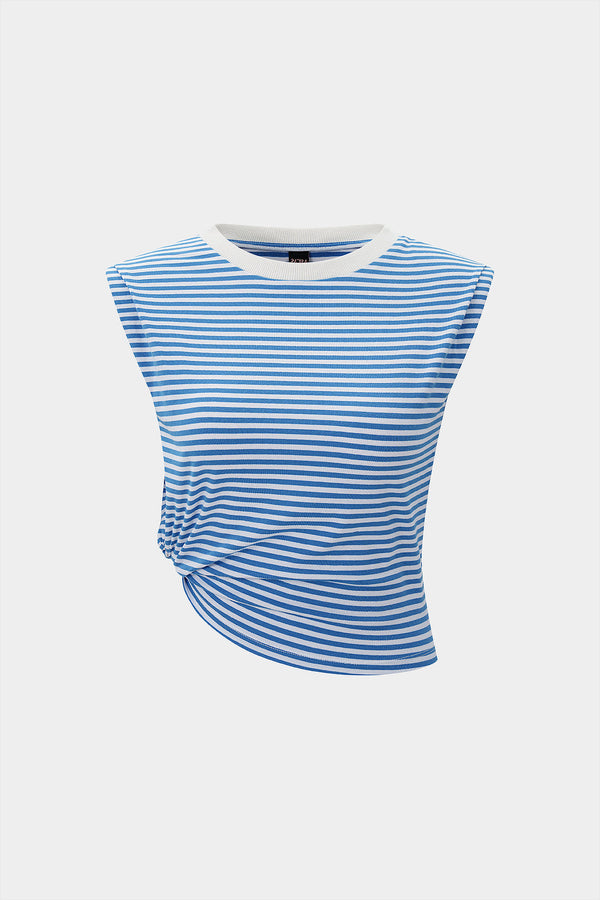 Gestreepte asymmetrische tanktop met ronde hals en ruches