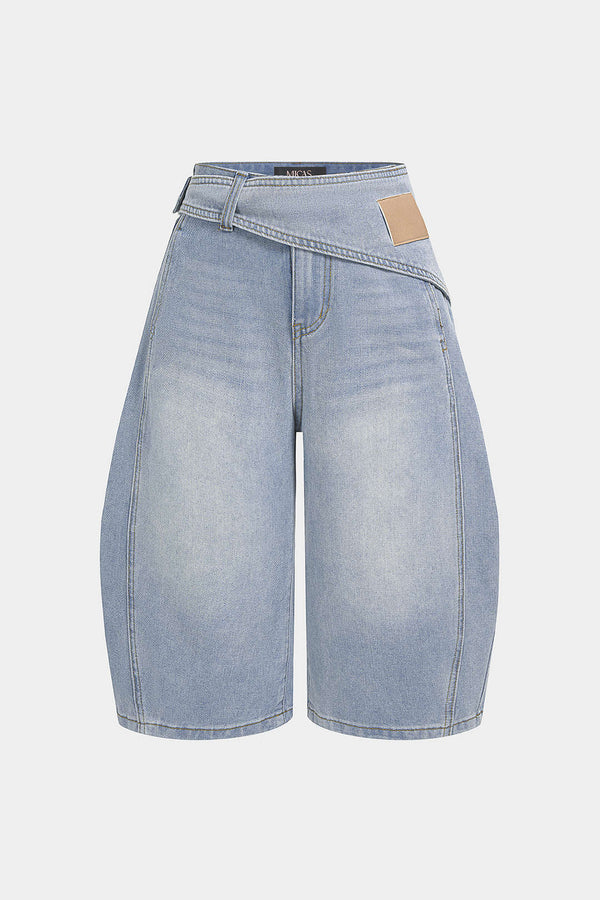 Denim asymmetrische short met hoge taille en wijde pijpen