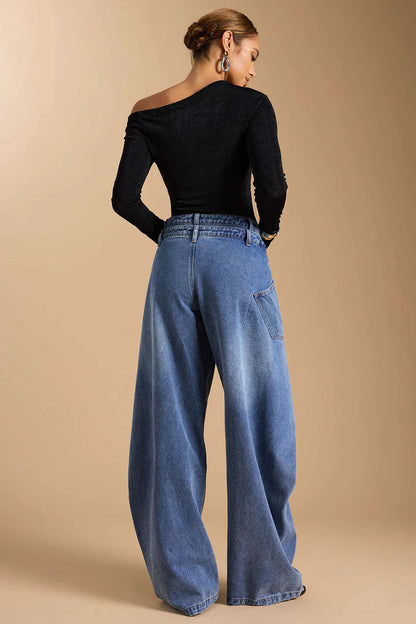 Denim Asymmetric Button Jeans