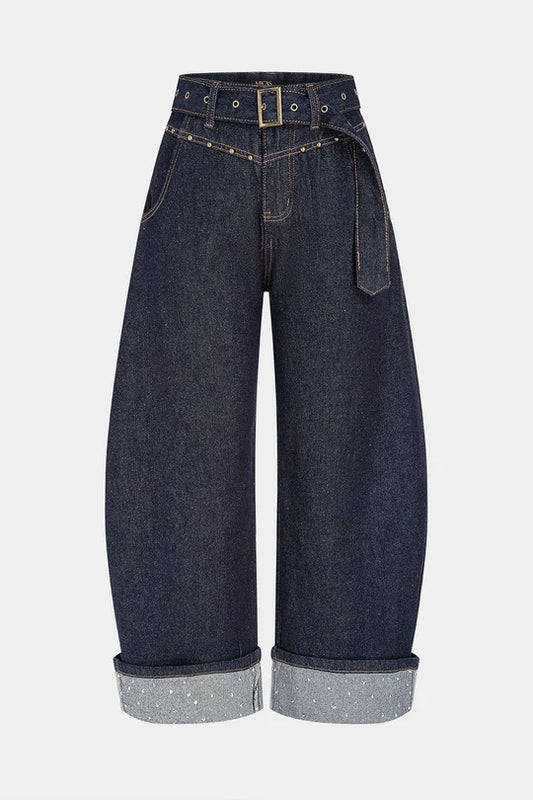 Denim Belted Rhinestone Wide Leg Jeans