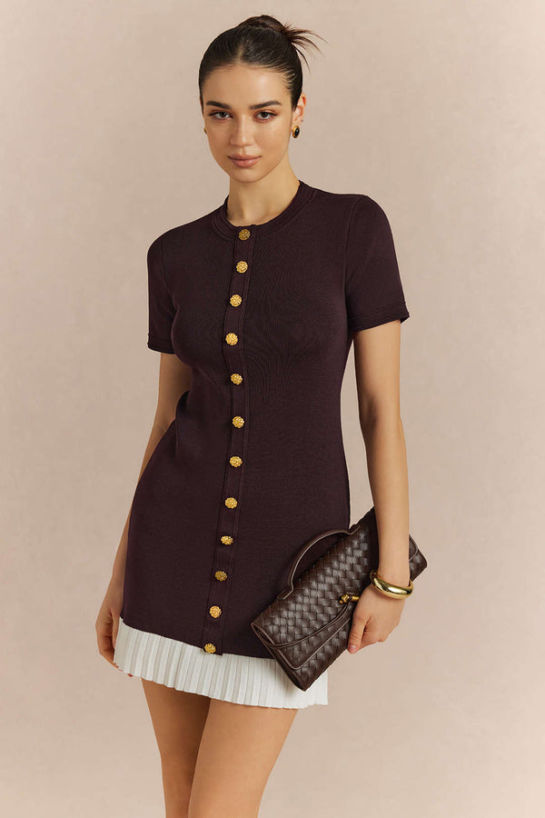 Metallic minijurk met ronde hals, knoopjes en korte mouwen