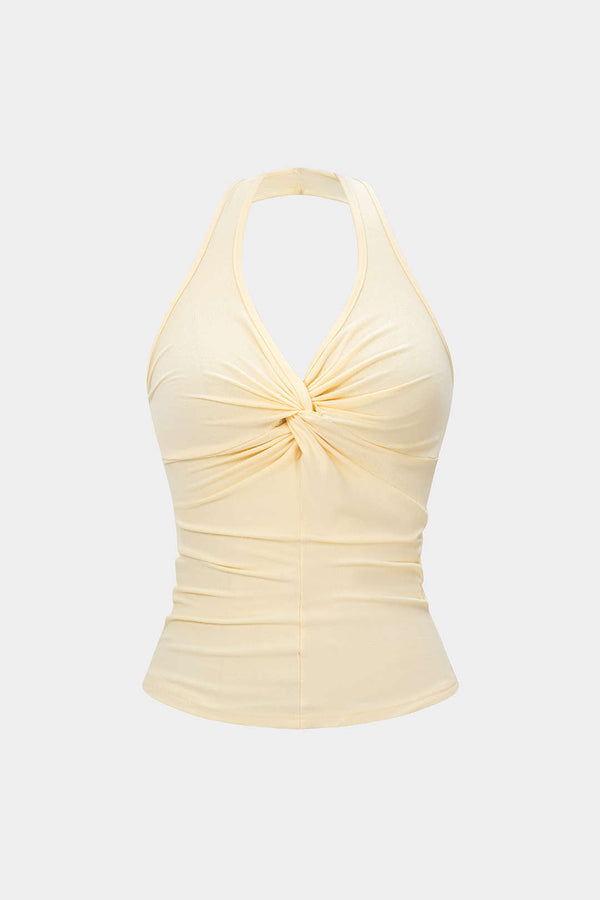 Top met halternek, gedraaid detail en knoopdetail
