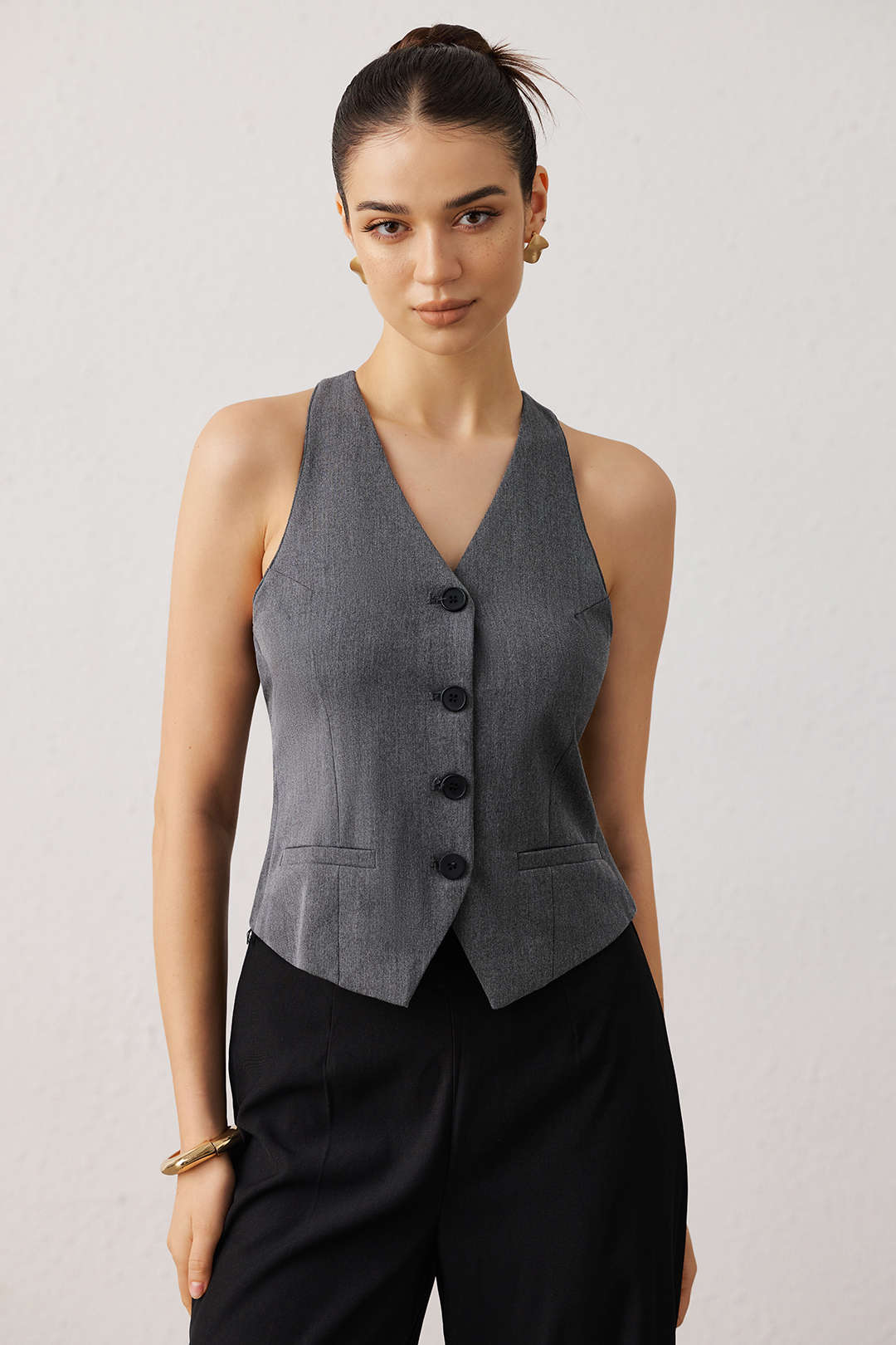 Patchwork gilet met kant, halternek en V-hals