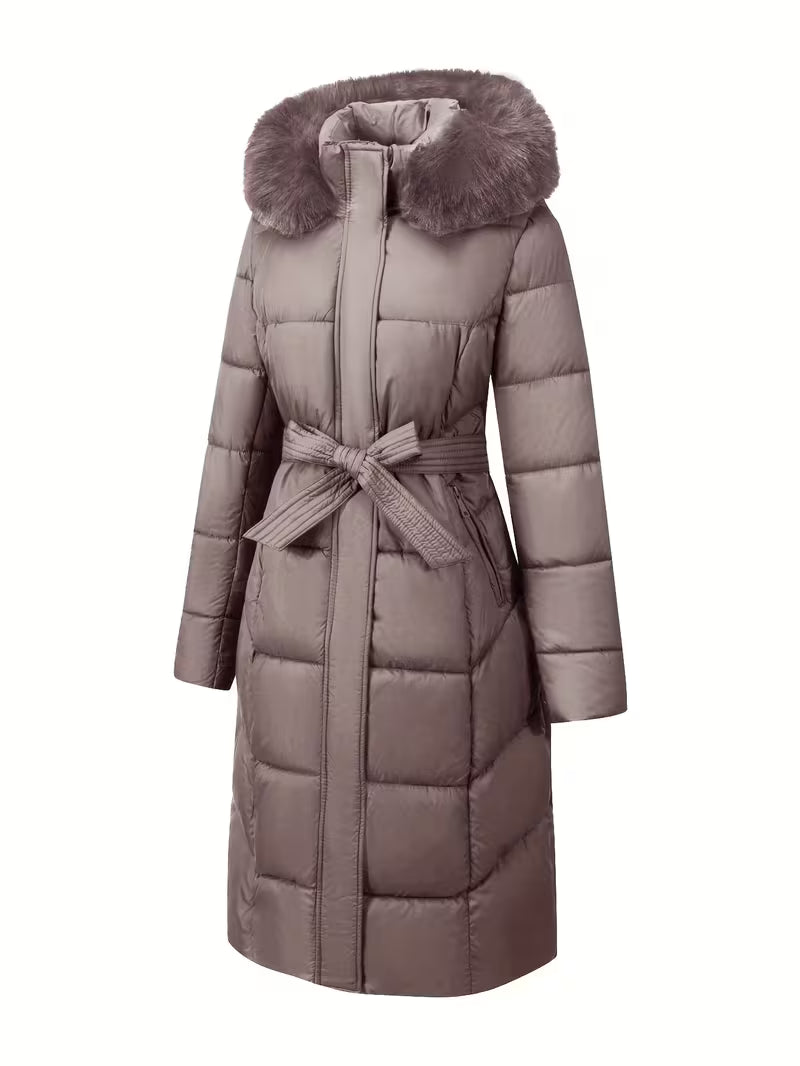 Midi Puffer Jacket with Hood and Belt - Long