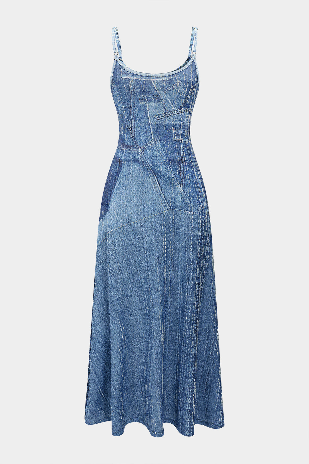 Denim mouwloze maxijurk met spaghettibandjes