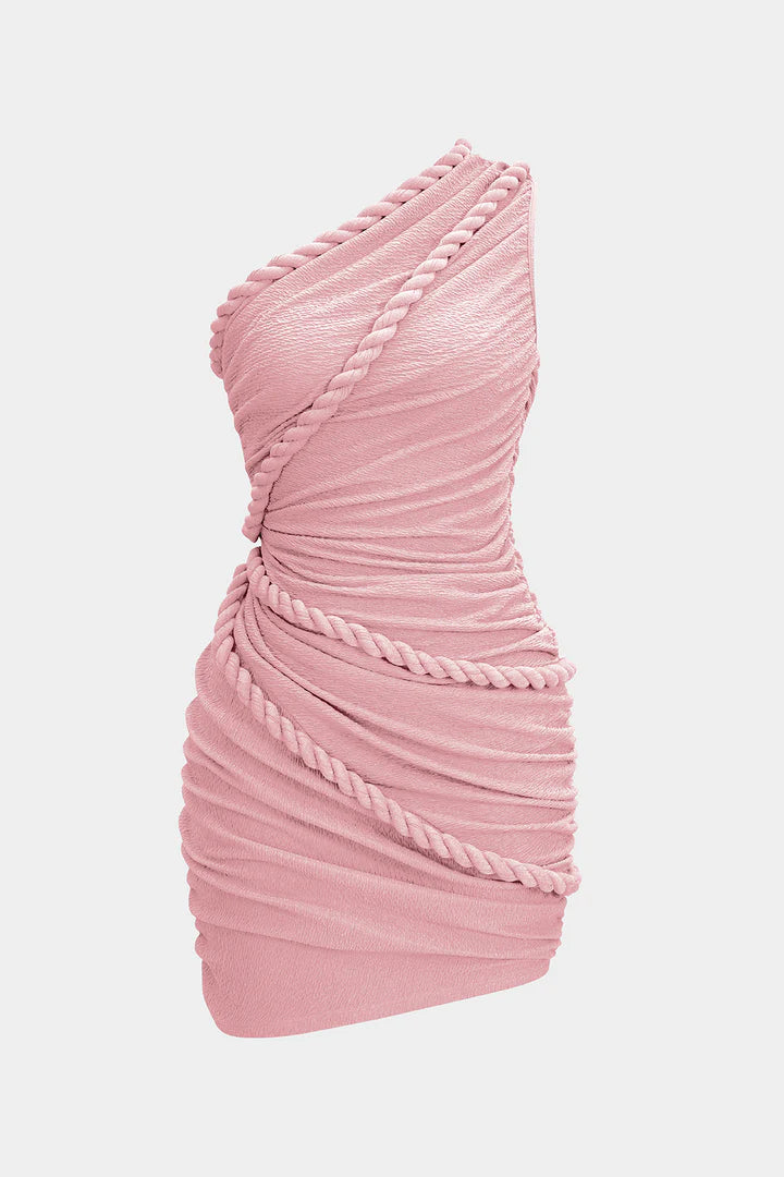 Sleeveless pleated mini dress with one shoulder and twist button