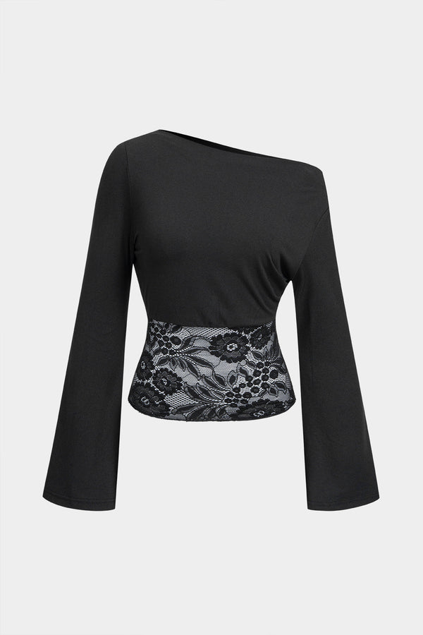 Daphne - Patchwork top met kant, één schouder en lange mouwen